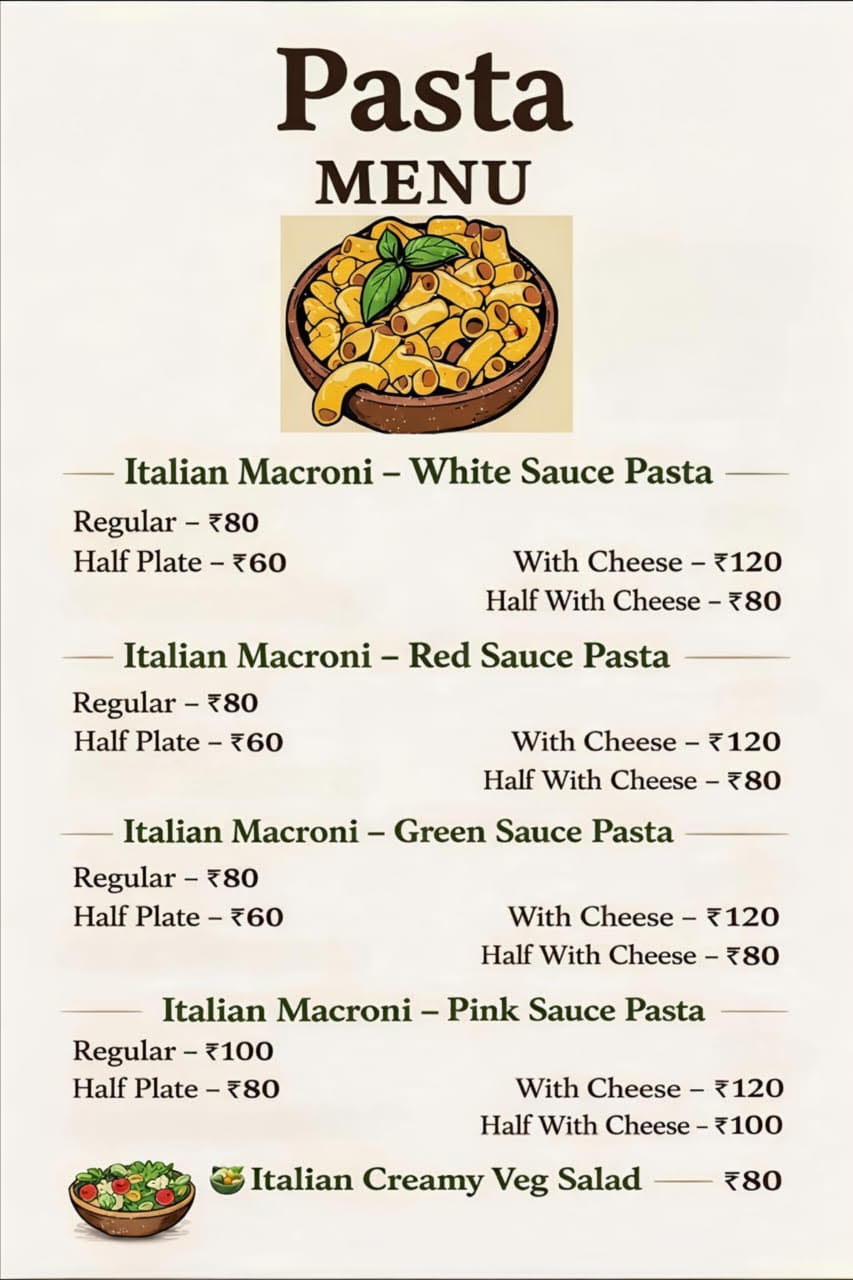 Full Pasta Menu